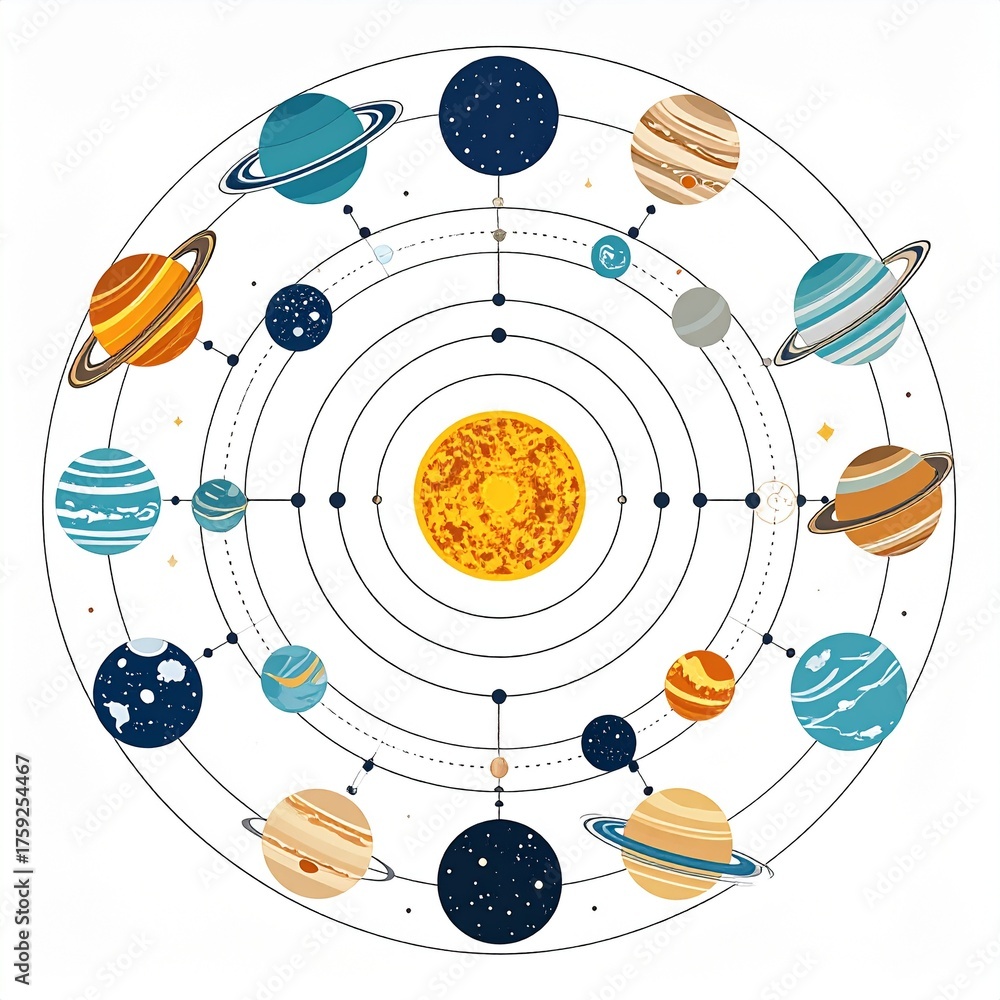 Obraz premium Solar System Planets Orbiting the Sun Illustration.