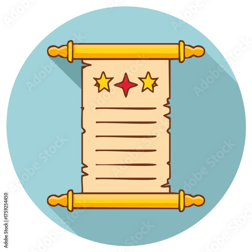 Unrolled ancient parchment scroll with stars and text lines, a vintage paper document illustration in flat design style.