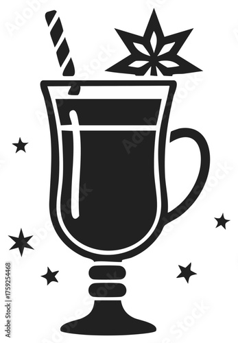 Festive mulled wine in a glass mug with a star anise garnish and straw black and white vector icon