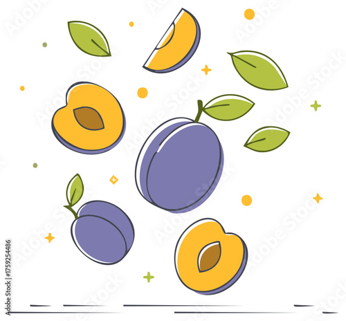 Stylized Plums and Leaves Arrangement with Outline on White Background