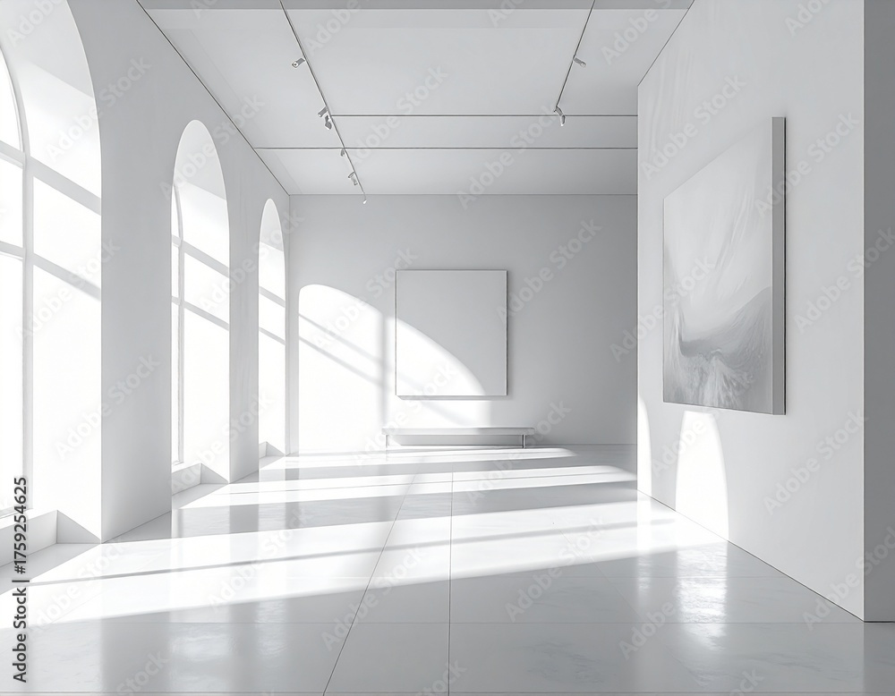 Fototapeta premium Minimalist Art Gallery with Natural Light and White Walls.
