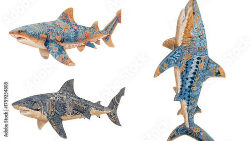 Decorative Shark Models with Intricate Patterns and Designs