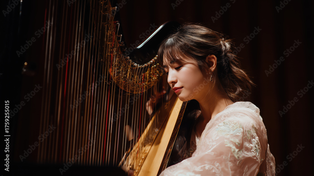 Fototapeta premium An Asian woman elegantly plays the harp on stage in a bright concert hall, showcasing her talent and captivating the audience during a recital