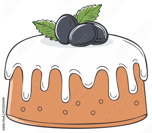 Illustrated Sweet Cake with Dripping White Glaze and Blueberry Mint Garnish