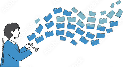 A person stands with outstretched hands, releasing a stream of digital folders, symbolizing data sharing and information management.