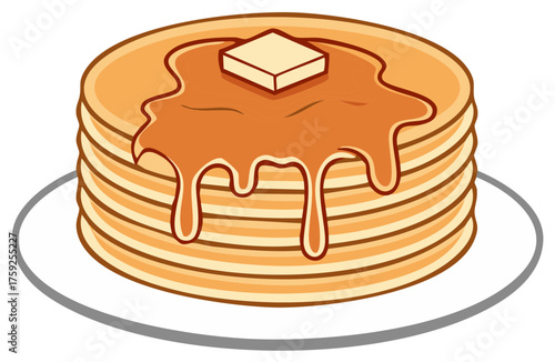 A cartoon stack of pancakes with butter and dripping maple syrup on a plate