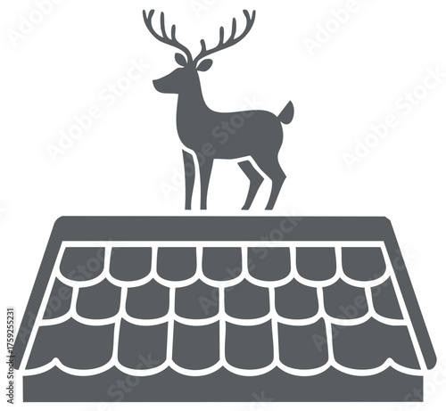 Deer silhouette standing atop a roof with textured shingles in a simple graphic style