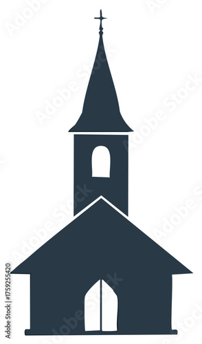 Dark blue silhouette of a church with a tall steeple and cross