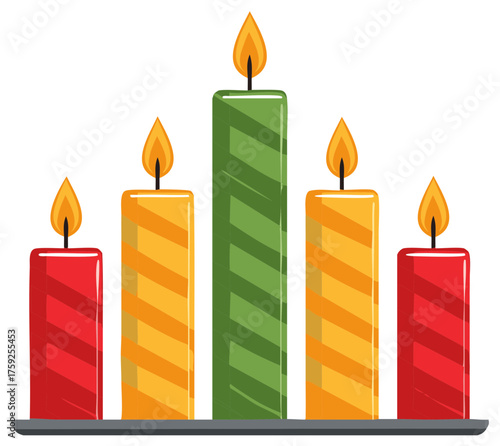 Illustration of Holiday Candles with Flames on a Candle Holder in Red Yellow and Green