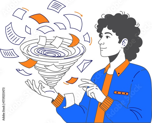A man with curly hair conjures a swirling vortex of papers, symbolizing ideas and information processing in a creative manner.