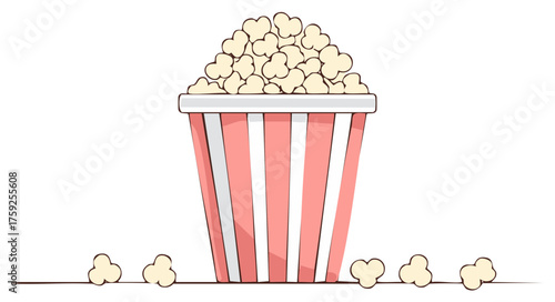 Classic Cartoon Popcorn Bucket with Red and White Stripes and Spilled Kernels