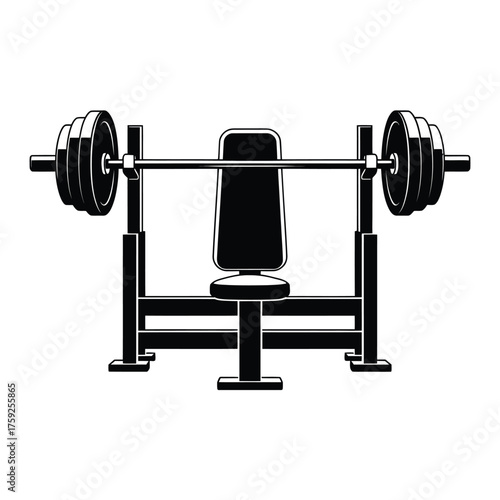 Gym equipment bench press with barbell and weights