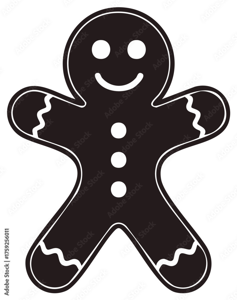 Obraz premium Simple black and white gingerbread man icon smiling Christmas holiday cookie graphic