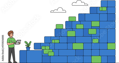 A man contemplates a staircase made of blocks, a metaphor for growth, progress, and overcoming challenges in business and personal development.