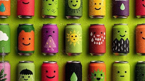 Colorful Beverage Cans with Playful Faces and Vibrant Designs