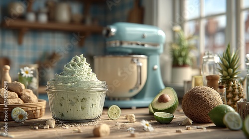 Fresh Avocado Dessert Topping in Rustic Kitchen Setting