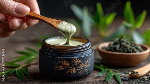Natural Skin Care Jar with Spoon, Green Cream and Tea Leaves