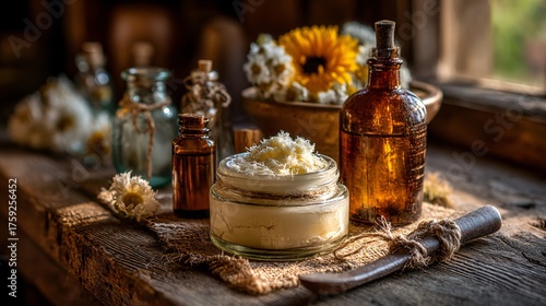 Natural Beauty Products on Wooden Table with Flowers and Bottles