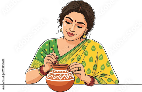 Traditional Indian woman potter artist painting and decorating vector illustration