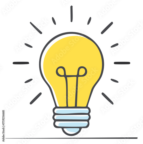 Hand drawn glowing light bulb doodle representing an idea and innovation