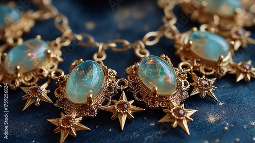 Intricate Golden Jewelry with Opal Stones and Star Design Elements