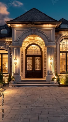 An elegant stone mansion with arched doorway, warm lighting, manicured courtyards at dusk, ambiance