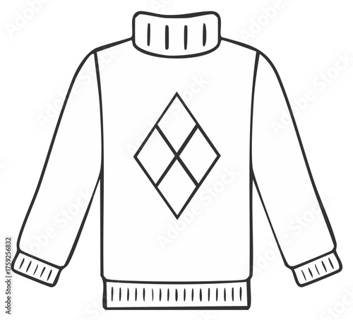 Line drawing of a classic turtleneck sweater with a diamond pattern and ribbed cuffs and hem