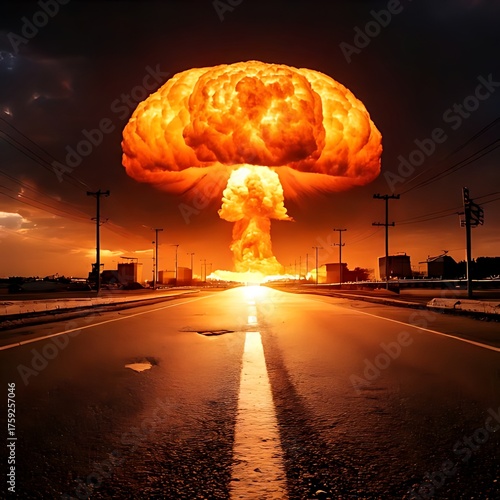 Dramatic depiction of a mushroom cloud rising over a deserted road