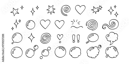 Collection of hand drawn doodle icons featuring stars hearts swirls and abstract shapes on white background