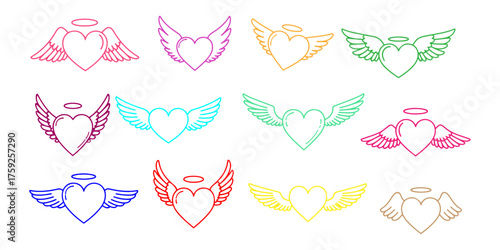 Collection of stylized angel wings and hearts in various vibrant colors and outlines