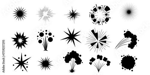 Collection of abstract black ink splatters and starburst shapes on a white background