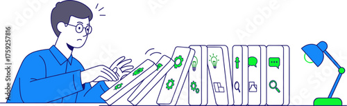 A concerned man with glasses watches a row of falling dominoes, each symbolizing a different aspect of modern technology and communication.