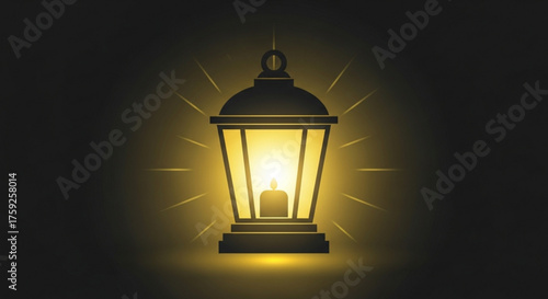 A glowing lantern with a candle inside illuminates the darkness, casting a warm and inviting light in the surrounding area, vector