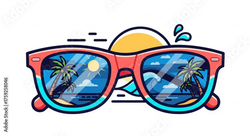 Stylish sunglasses reflecting a vibrant beach scene, embodying the spirit of summer, travel, and the allure of tropical destinations