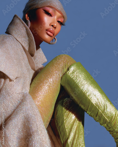 High fashion portrait in glitter coat and metallic green boots against blue sky