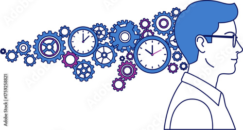 An illustration depicts a man's profile with gears and clocks emanating from his head, symbolizing ideas and time management concepts.