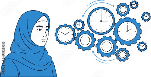A woman wearing a hijab contemplates the passage of time, represented by clocks and gears, symbolizing deadlines and schedules.