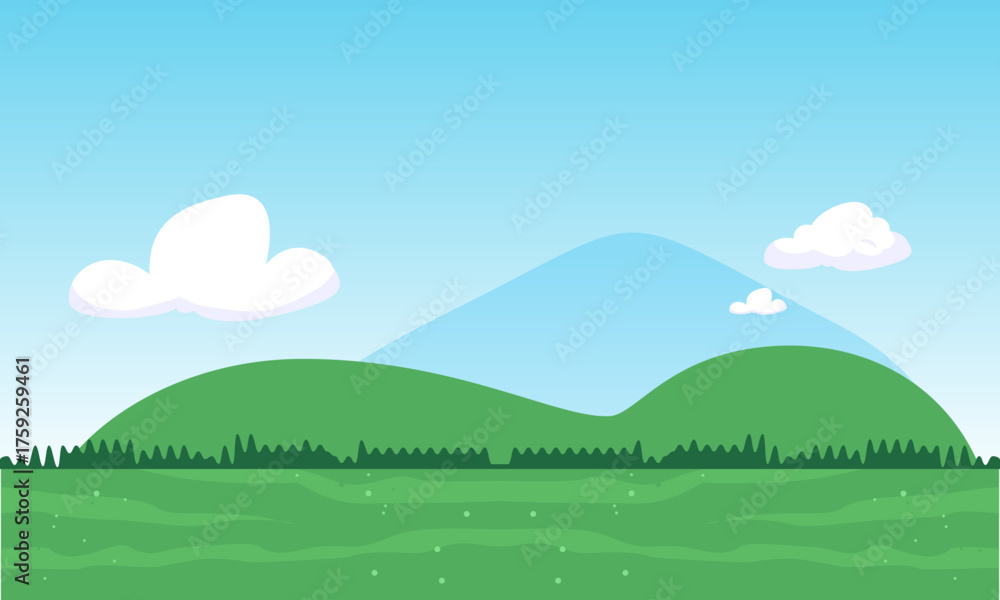 Fototapeta premium Serene Minimalist Landscape Illustration Featuring Rolling Green Hills and Distant Blue Mountains