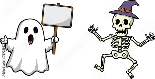 Cartoon Halloween ghost holding blank sign, skeleton in purple witch hat dancing playful pose, spooky festive monster illustration, humorous holiday design