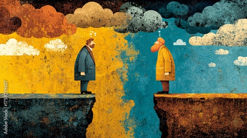 Contrast Between Two Characters on Opposite Cliffs with Clouds