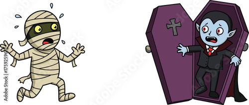 Cartoon Halloween mummy running scared, vampire emerging from coffin with red cape, playful spooky festive monster illustration, humorous holiday character design