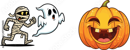 Cartoon Halloween mummy running, startled ghost floating, happy jack-o’-lantern pumpkin character, playful spooky festive illustration, fun holiday monster design