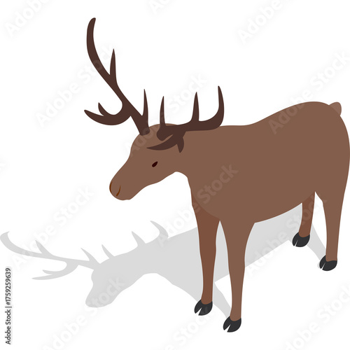A Brown Reindeer With Antlers Stands With Its Shadow On A White Background Vector Art