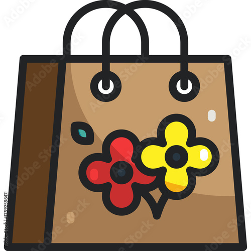 A Brown Paper Shopping Bag Decorated with Two Red and Yellow Flowers and Green Leaves on a Transparent Background