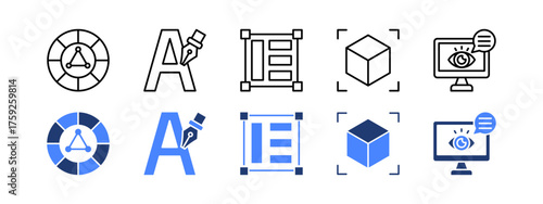 Graphic design icon set with Color theory,Typography,Shape,Layout design,Visual communication.