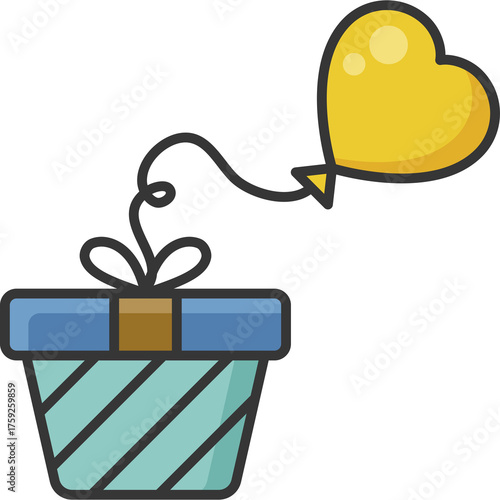 A Blue Green Gift Box Tied With A Yellow Heart Shaped Balloon Floating Upward On A White Background