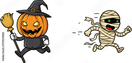 Cartoon Halloween pumpkin head running with broomstick, joyful mummy in bandages, playful spooky festive monster illustration, humorous holiday character design