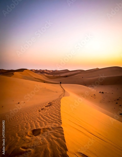 Fototapeta Naklejka Na Ścianę i Meble -  Person walking on a sand dune towards a beautiful desert sunset