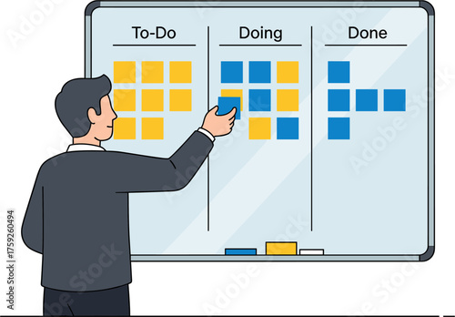 A businessman manages a project using a Kanban board, organizing tasks with sticky notes to track progress and workflow efficiently.