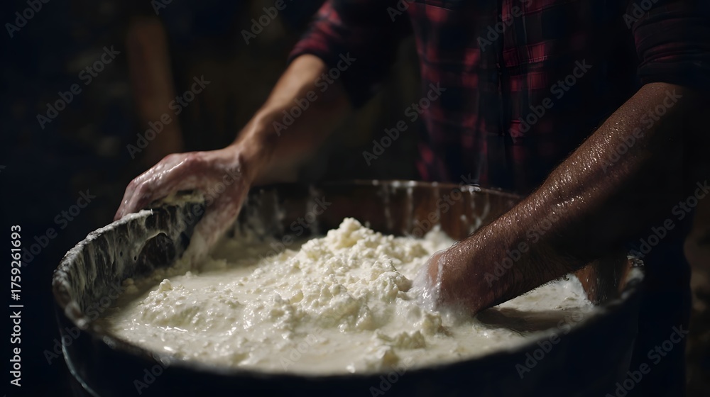 Fototapeta premium Artisan s hands process fresh cheese curds in a traditional wooden vat filled with milk